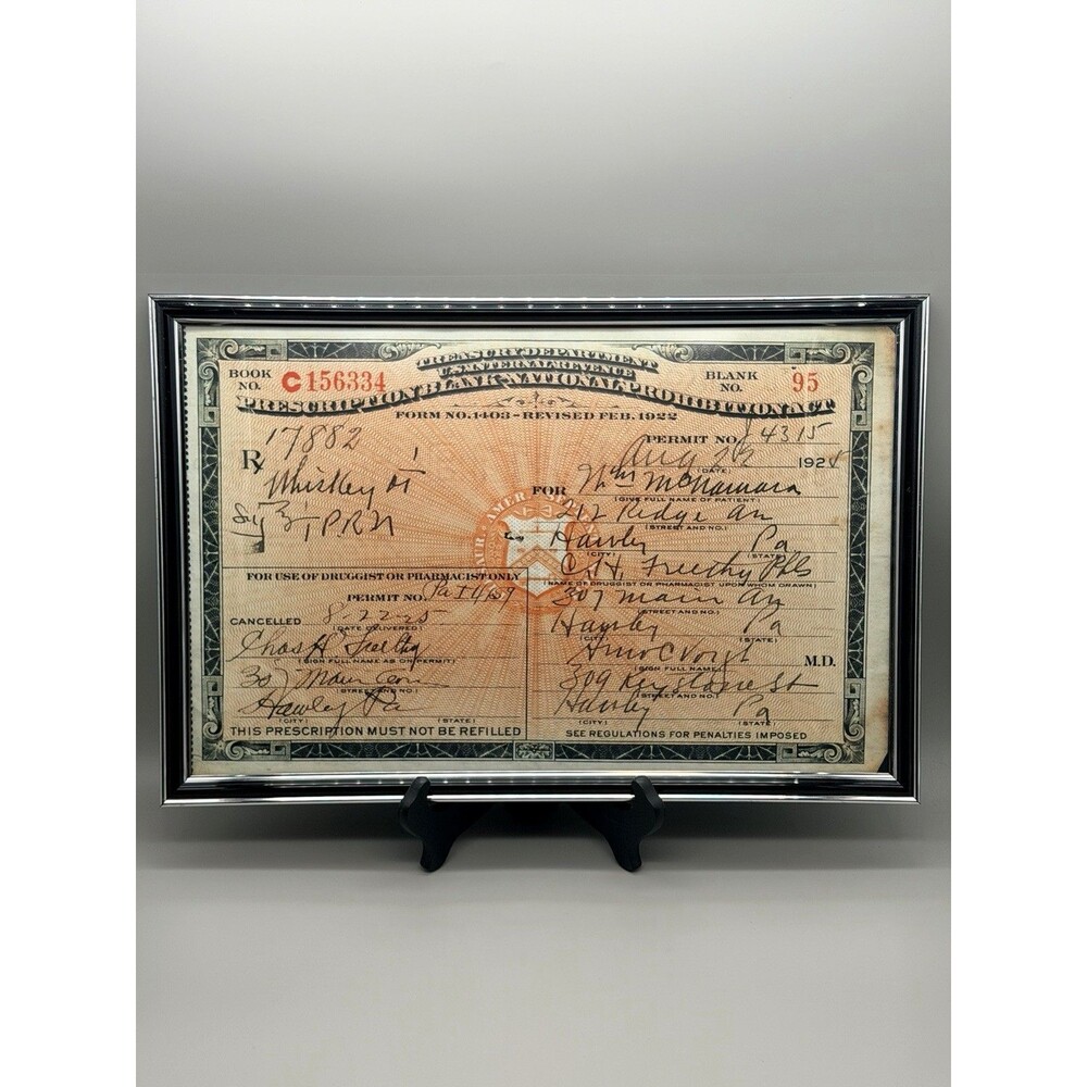 1925 Prohibition Medicinal Whiskey Prescription Framed Poster Print 18x12 Decor